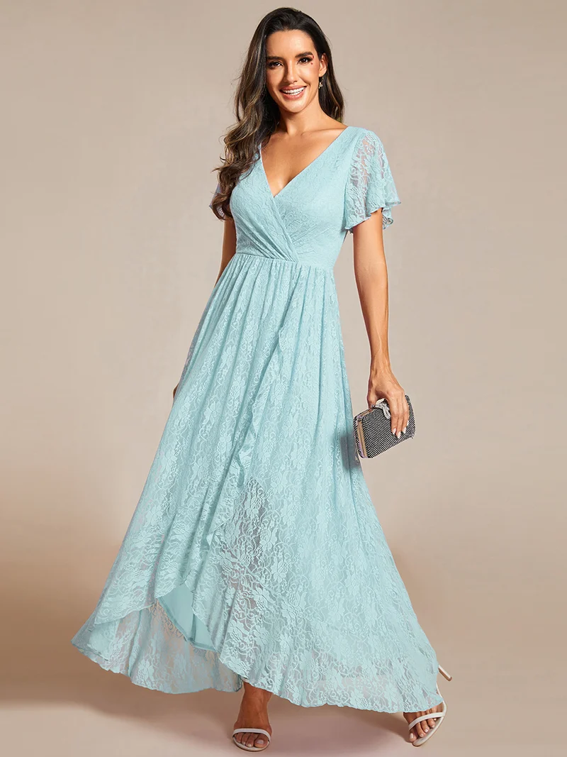 ever ELISE|Robe de soirée longue plissée à col en V avec volants en dentelle élégante