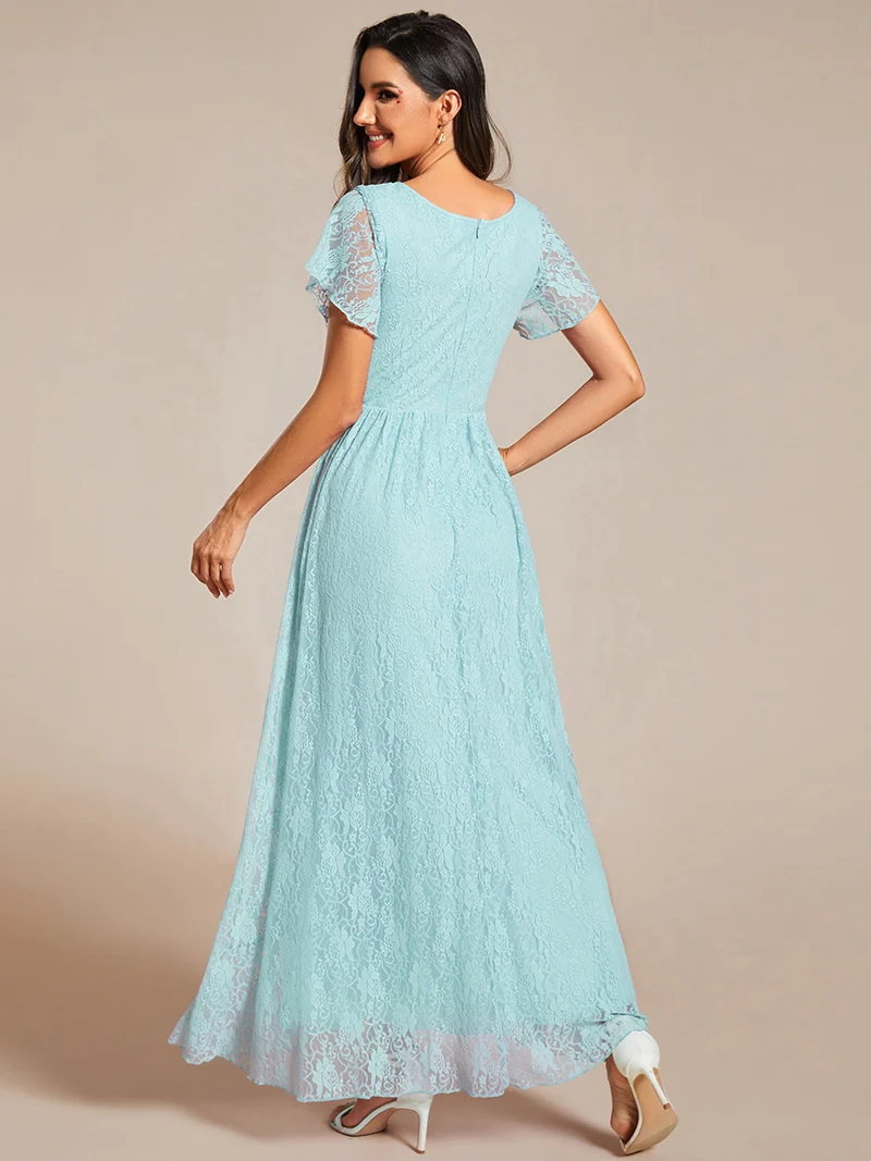 ever ELISE|Robe de soirée longue plissée à col en V avec volants en dentelle élégante