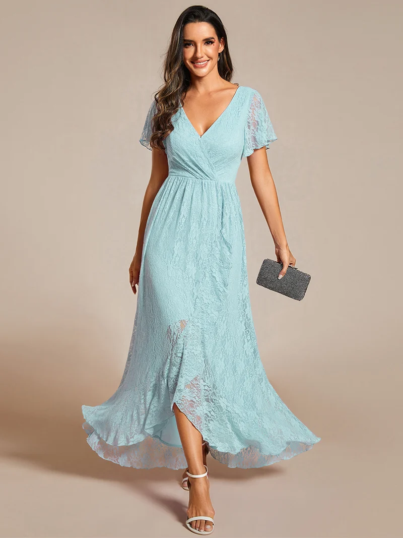 ever ELISE|Robe de soirée longue plissée à col en V avec volants en dentelle élégante