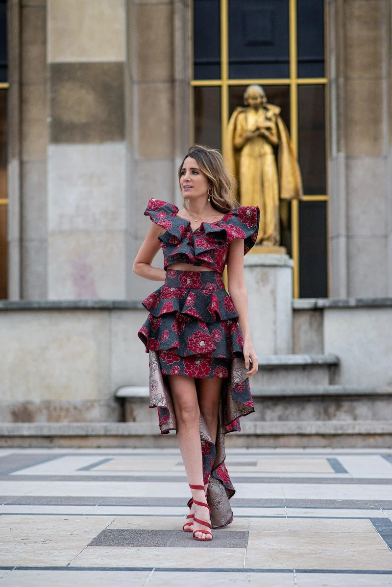 Haut en jacquard fleurs rouges avec haut assorti
