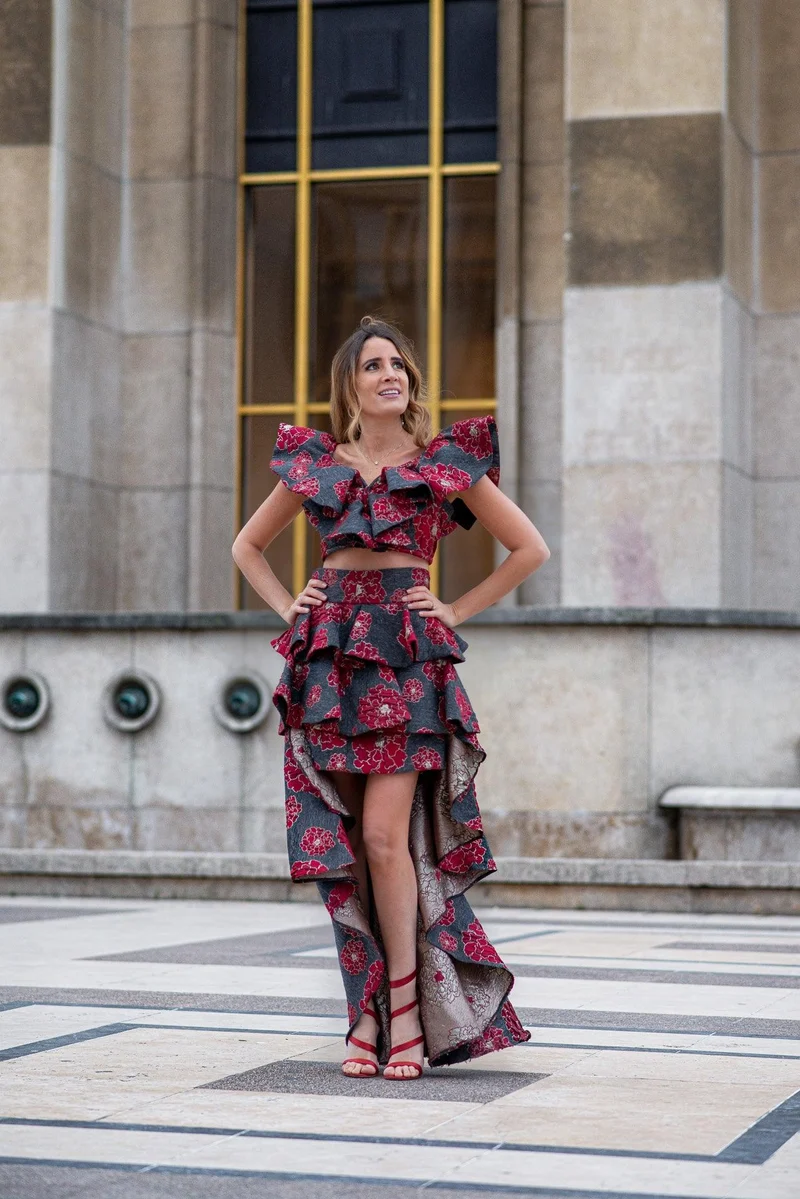 Haut en jacquard fleurs rouges avec haut assorti