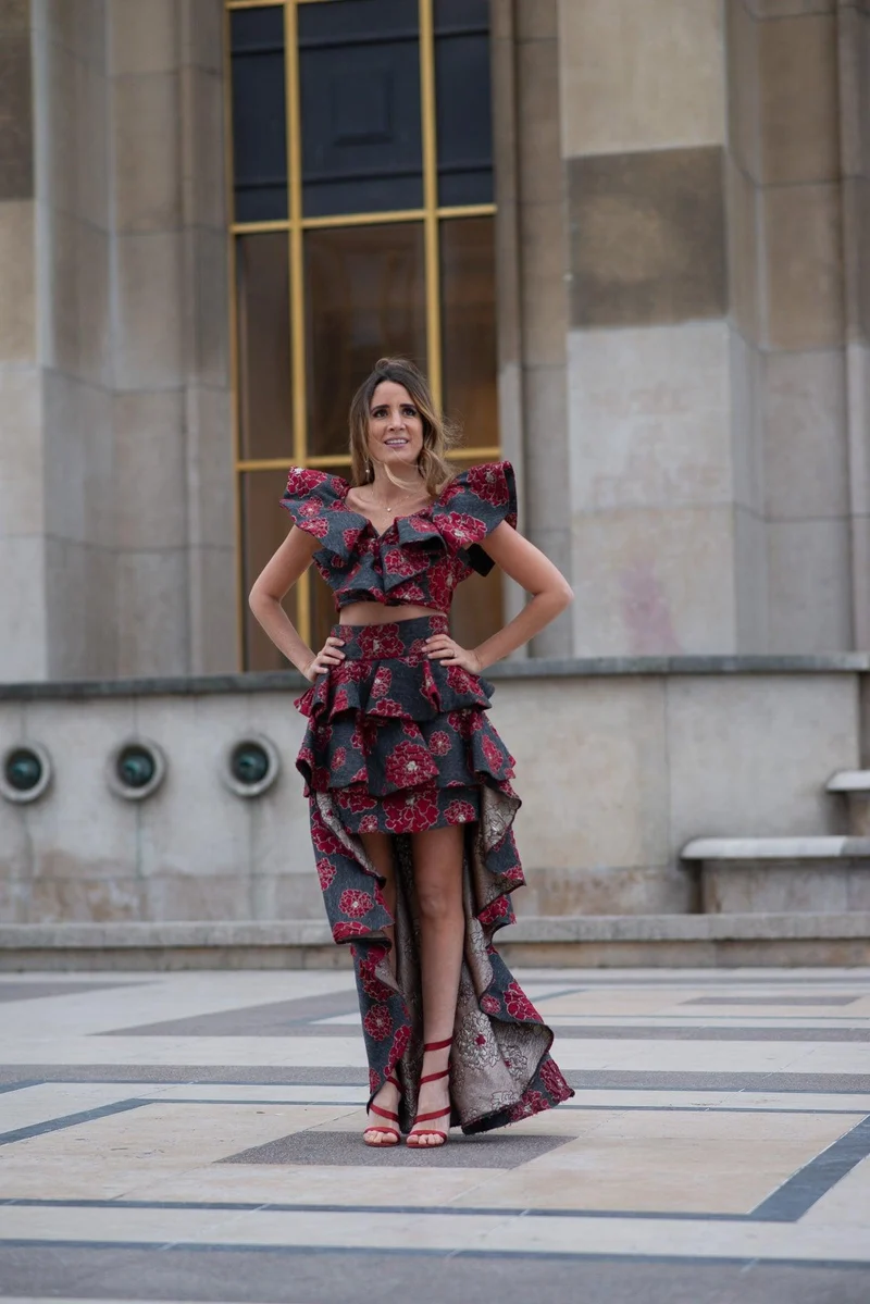 Haut en jacquard fleurs rouges avec haut assorti