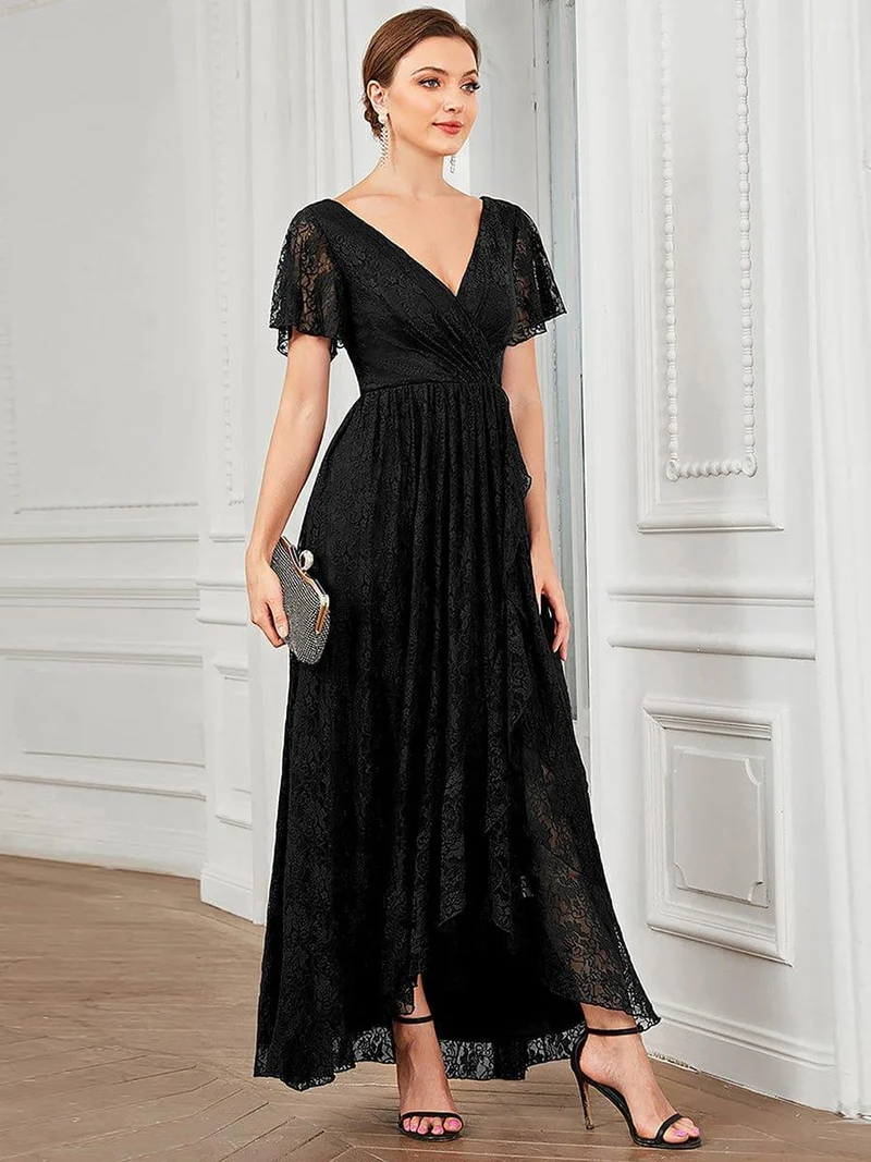 ever ELISE|Robe d'invité en dentelle plissée à manches courtes et col V