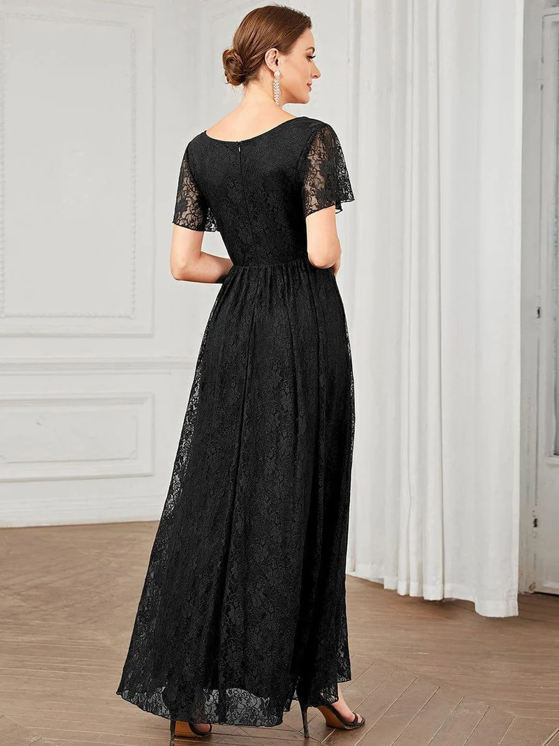 ever ELISE|Robe d'invité en dentelle plissée à manches courtes et col V