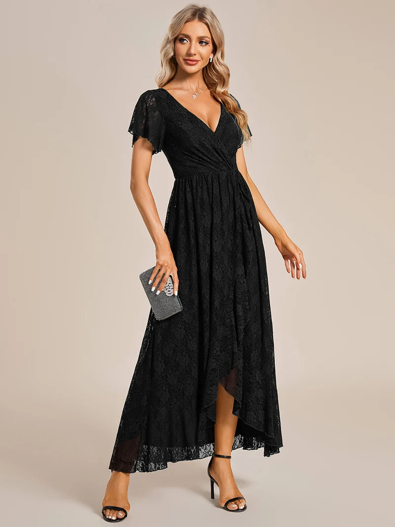 ever ELISE|Robe d'invité en dentelle plissée à manches courtes et col V