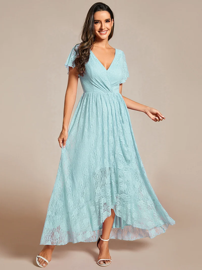 ever ELISE|Robe d'invité en dentelle plissée à manches courtes et col V