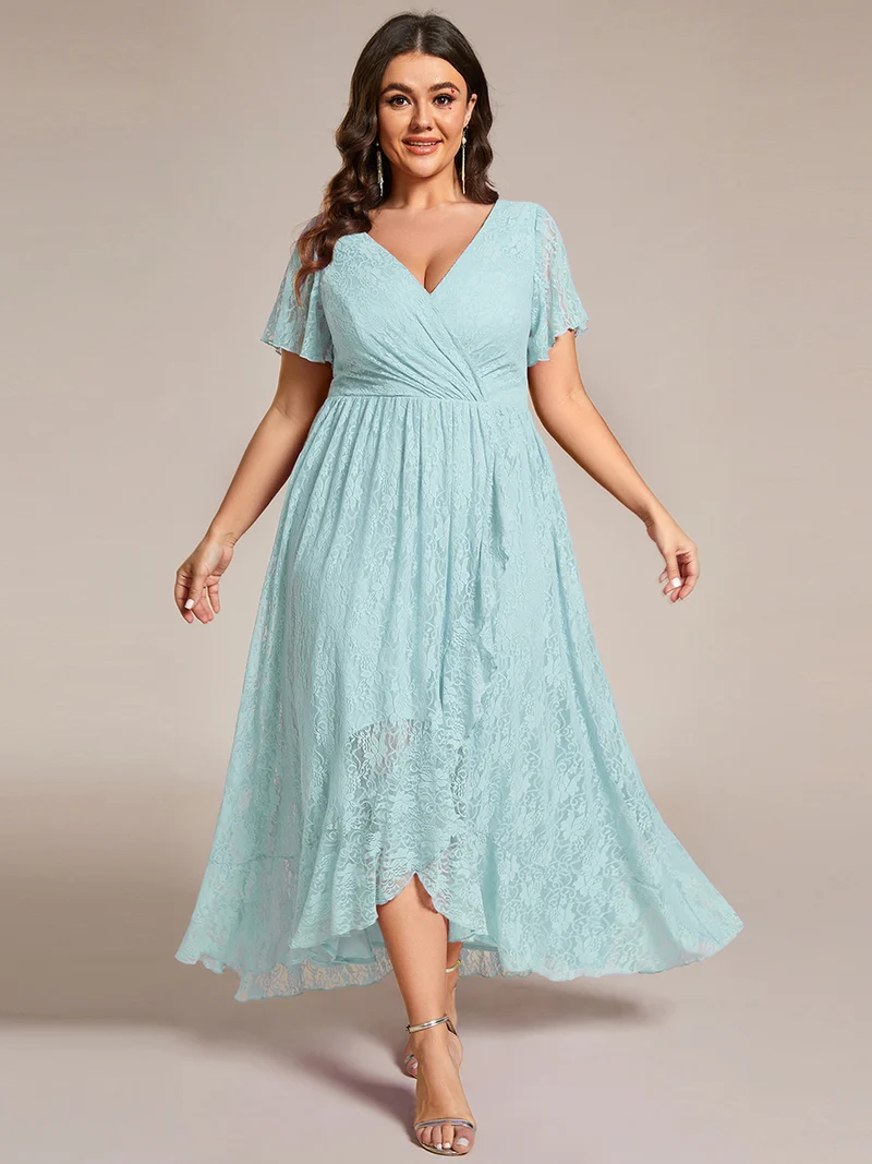 ever ELISE|Robe d'invité en dentelle plissée à manches courtes et col V