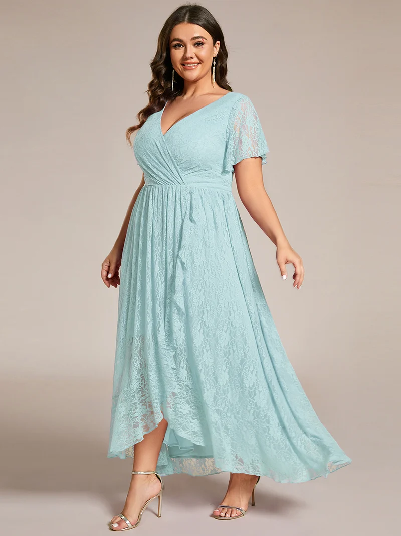 ever ELISE|Robe d'invité en dentelle plissée à manches courtes et col V