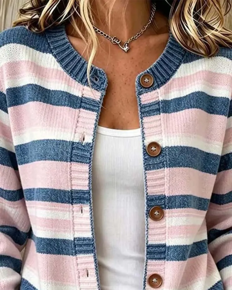Cardigan Rayé Col Rond Simple Boutonnage