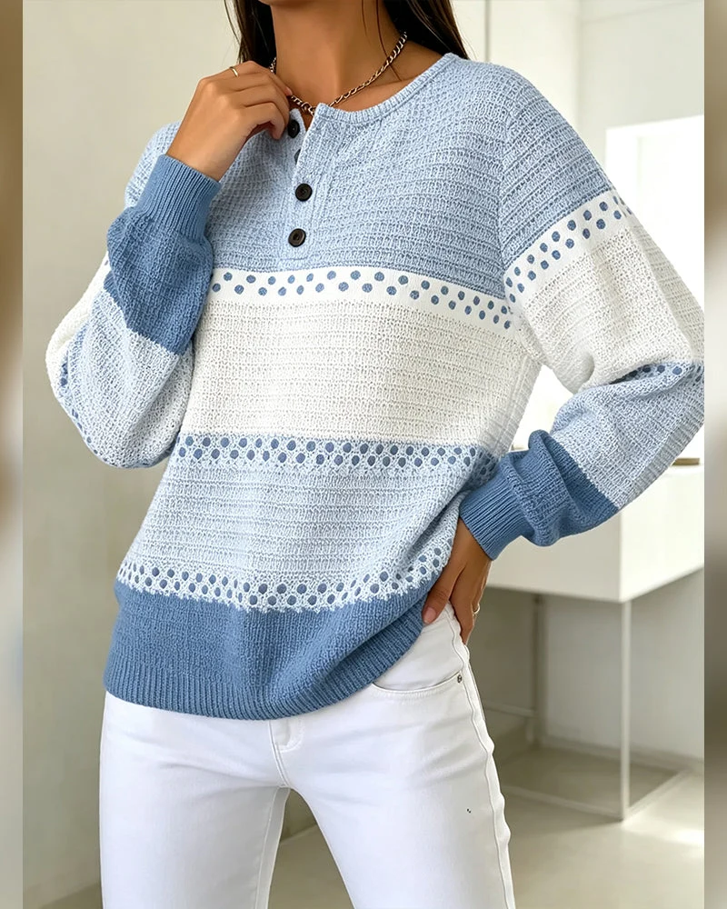 Sweatshirt Bloc De Couleur Tricot Gaufré Henley Pullover