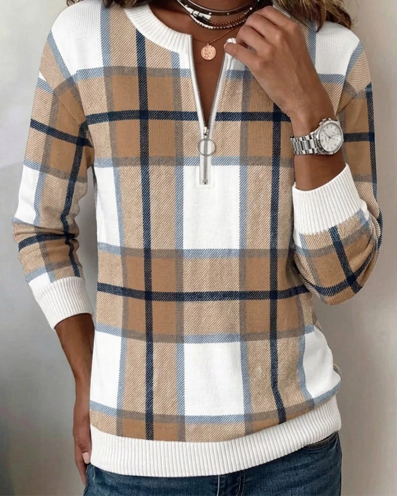 Sweatshirt À Carreaux Demi-Fermeture Éclair Col Rond Pull-Over