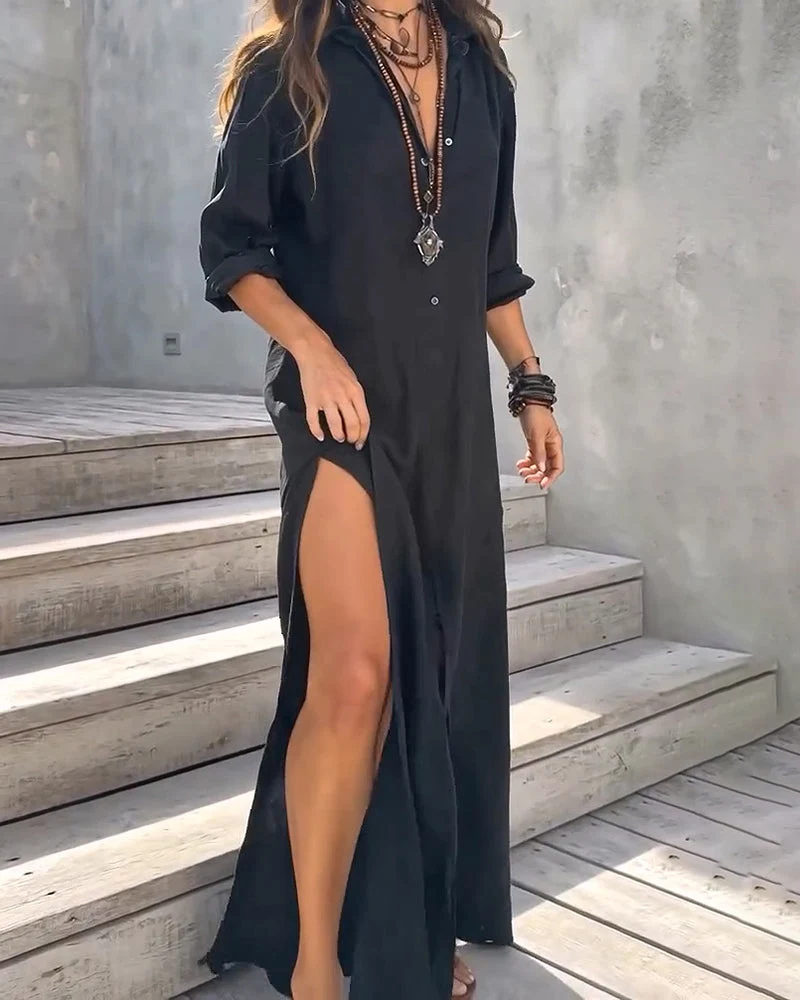 Robe Col Chemise Boutonnage Fente Latérale Unie