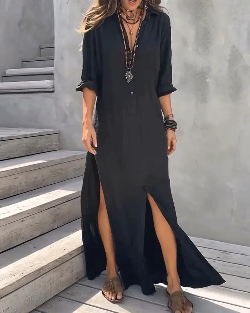 Robe Col Chemise Boutonnage Fente Latérale Unie
