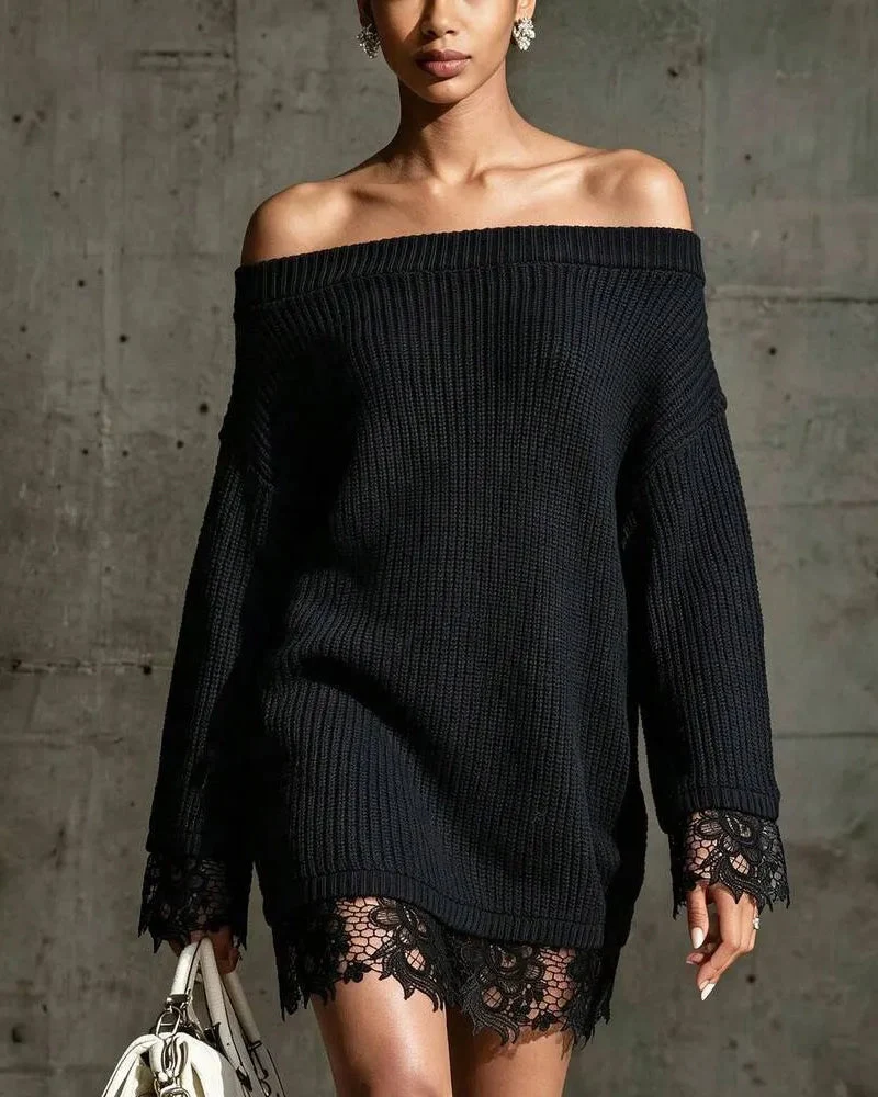 Robe Pull Col Dégagé Côtelé Dentelle Patchwork