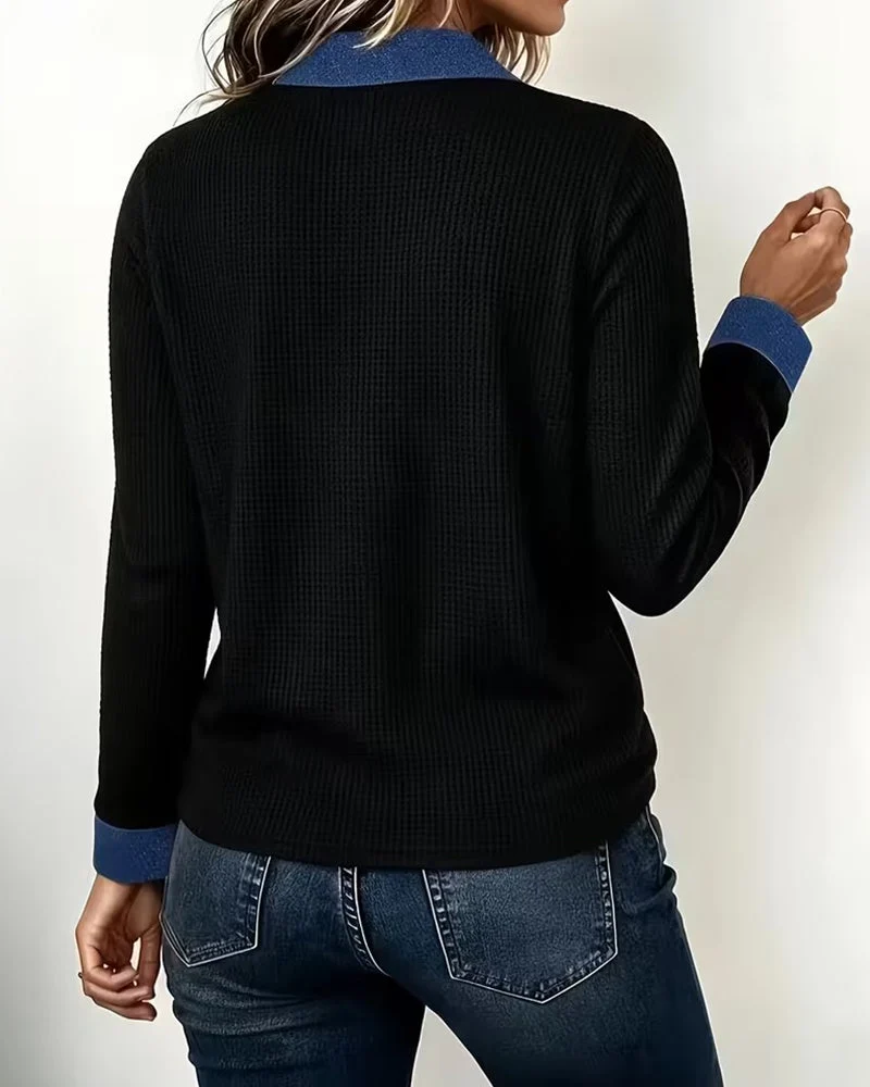 Blouse Décontractée Denim Col Panneau Manches Longues