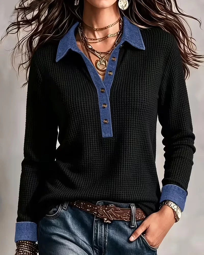 Blouse Décontractée Denim Col Panneau Manches Longues