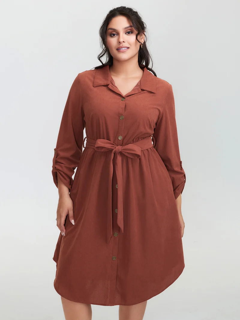 Corduroy Tab Sleeve Belted Midi Dress
