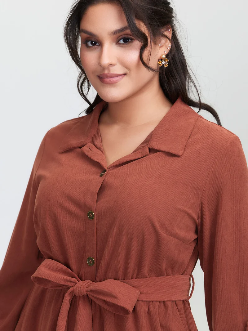 Corduroy Tab Sleeve Belted Midi Dress
