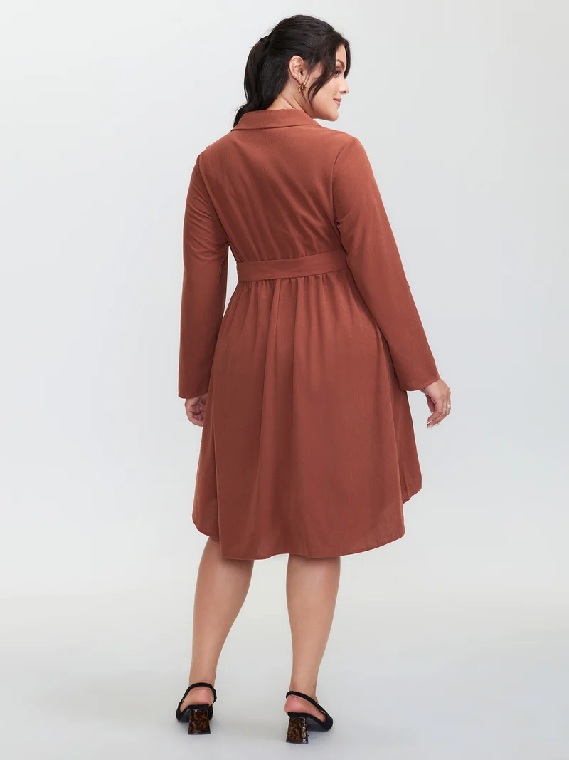 Corduroy Tab Sleeve Belted Midi Dress