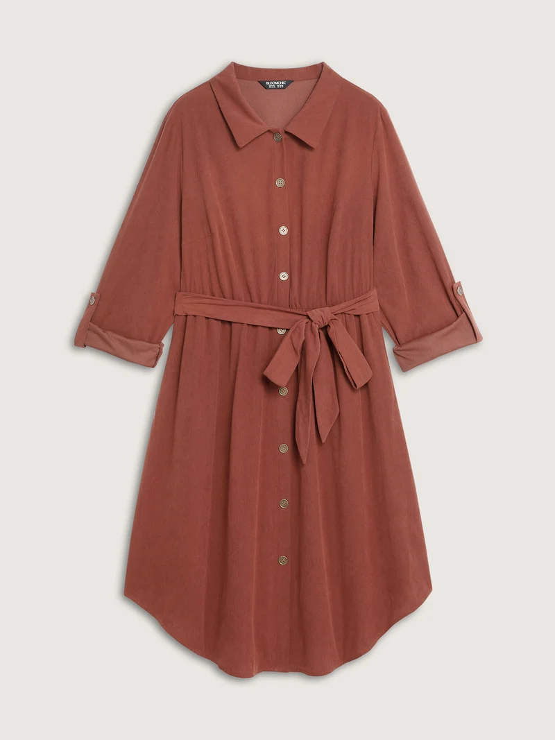 Corduroy Tab Sleeve Belted Midi Dress
