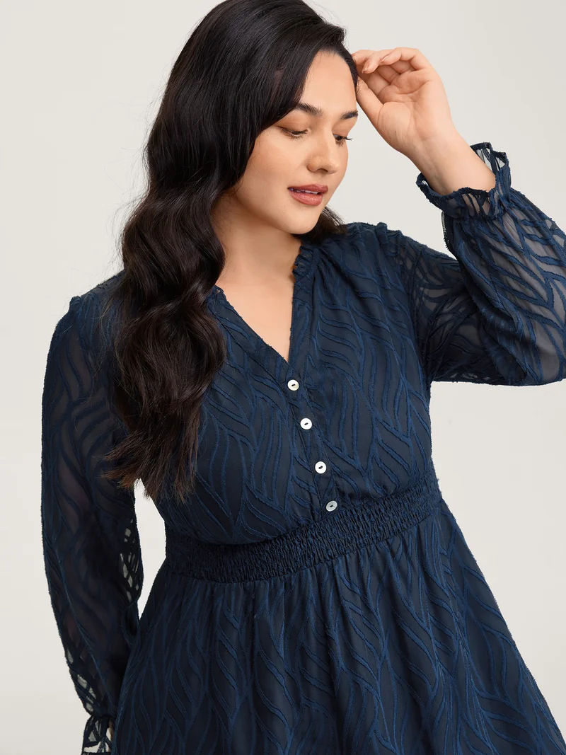 Sheer Jacquard Stretchy Waist Midi Dress