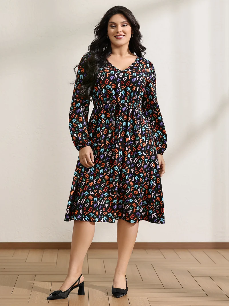 Alphabetical Print Drawstring Adjustable Waist Midi Dress