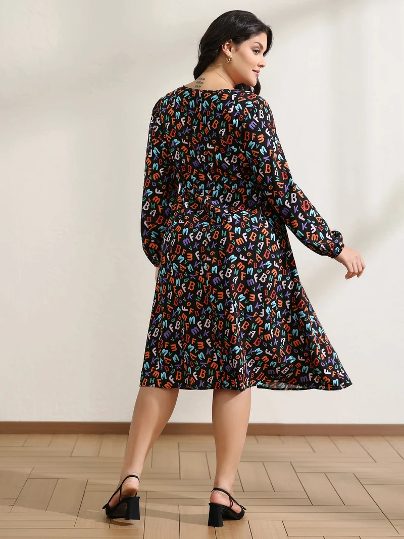 Alphabetical Print Drawstring Adjustable Waist Midi Dress