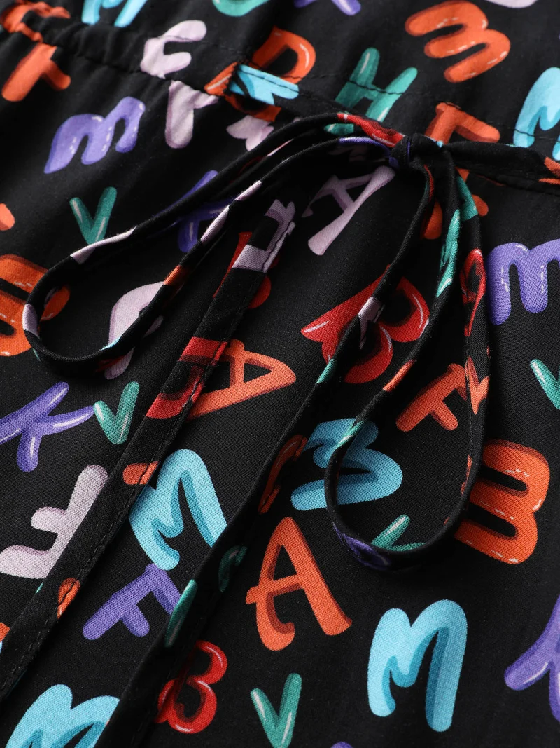 Alphabetical Print Drawstring Adjustable Waist Midi Dress