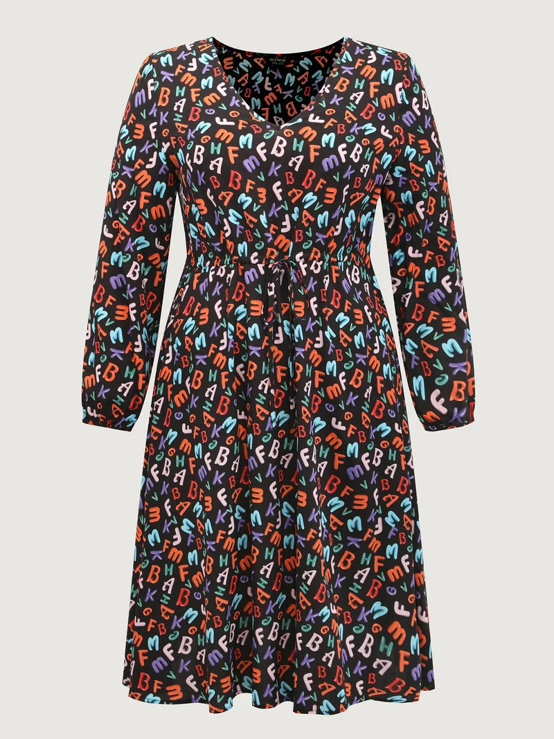 Alphabetical Print Drawstring Adjustable Waist Midi Dress