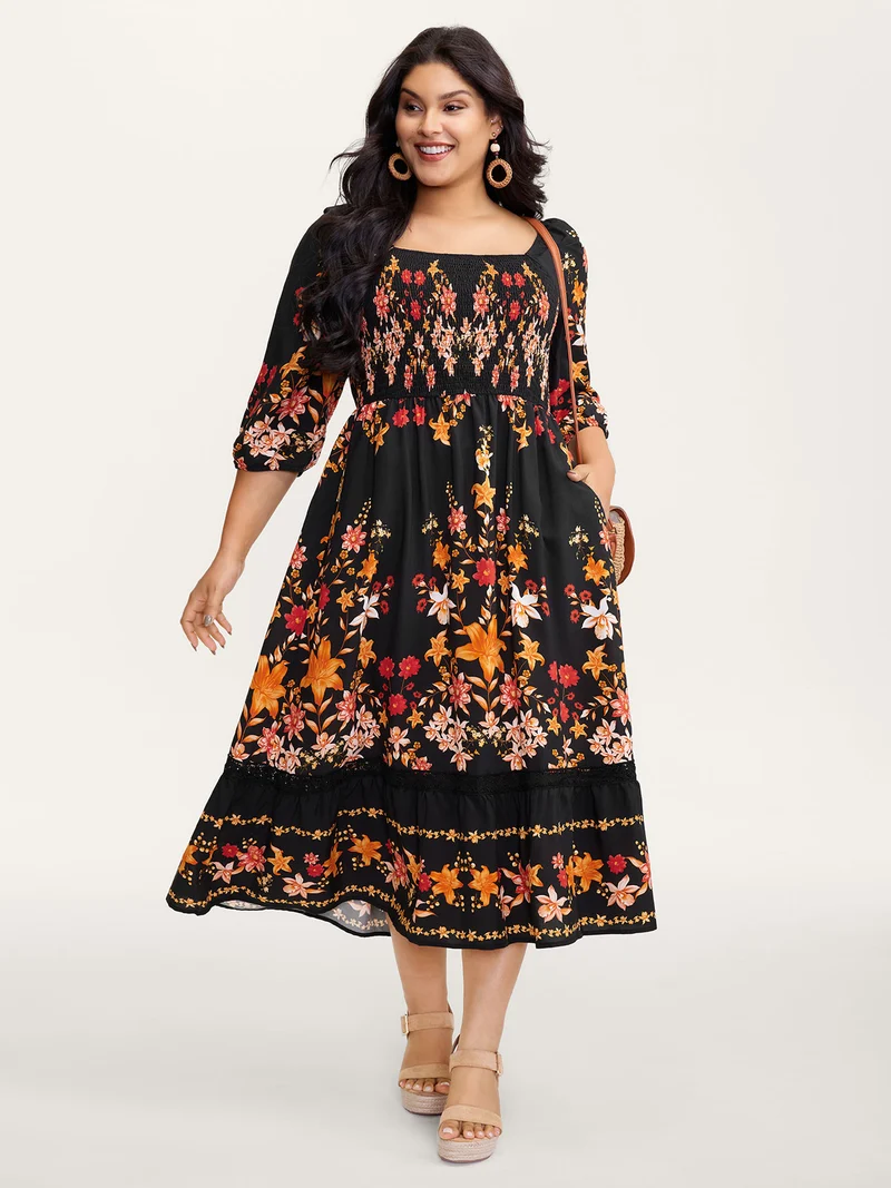 Floral Print Lace Trim Shirred Maxi Dress
