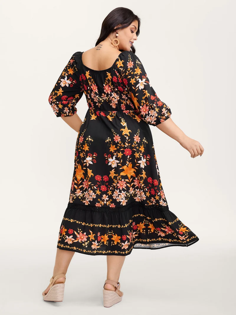 Floral Print Lace Trim Shirred Maxi Dress