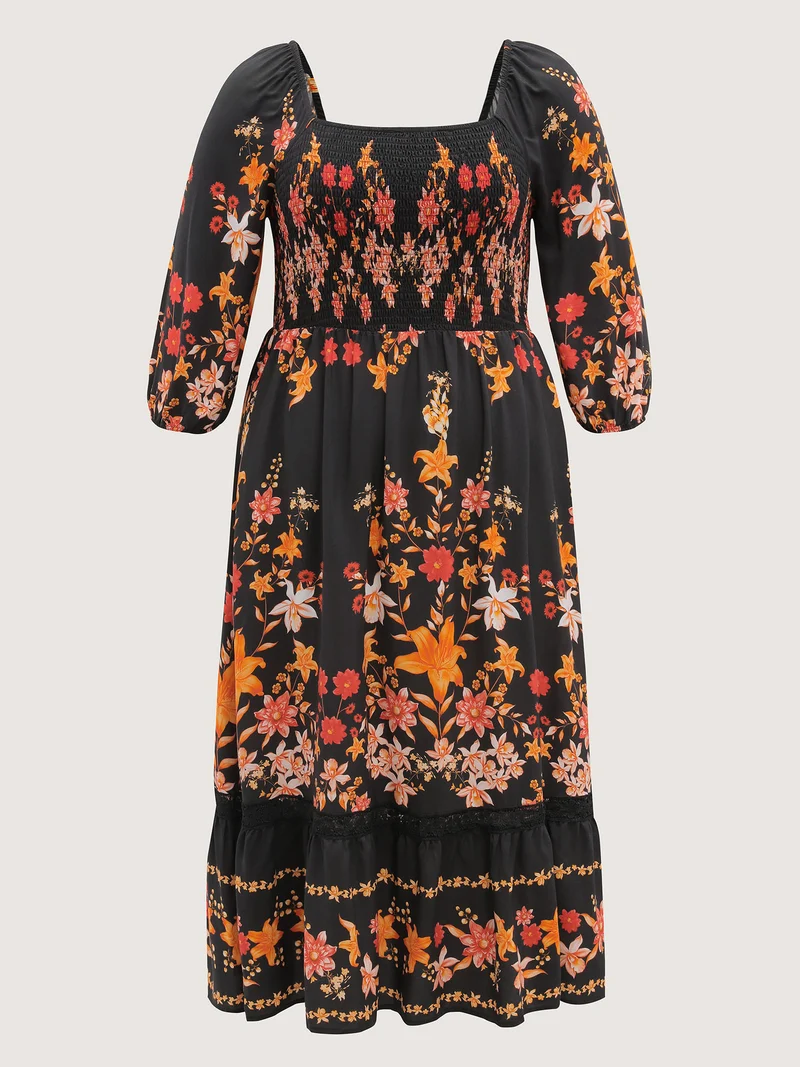 Floral Print Lace Trim Shirred Maxi Dress