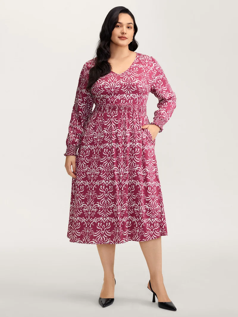 Abstract Pattern Shirred Waist Midi Dress