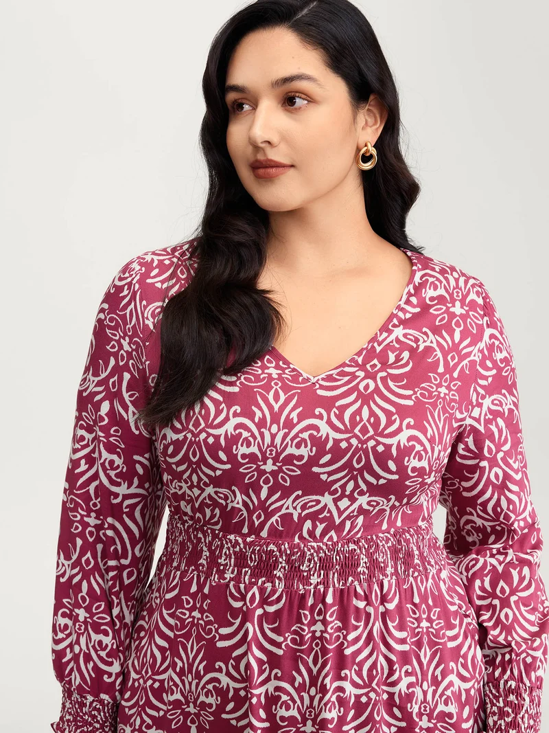 Abstract Pattern Shirred Waist Midi Dress