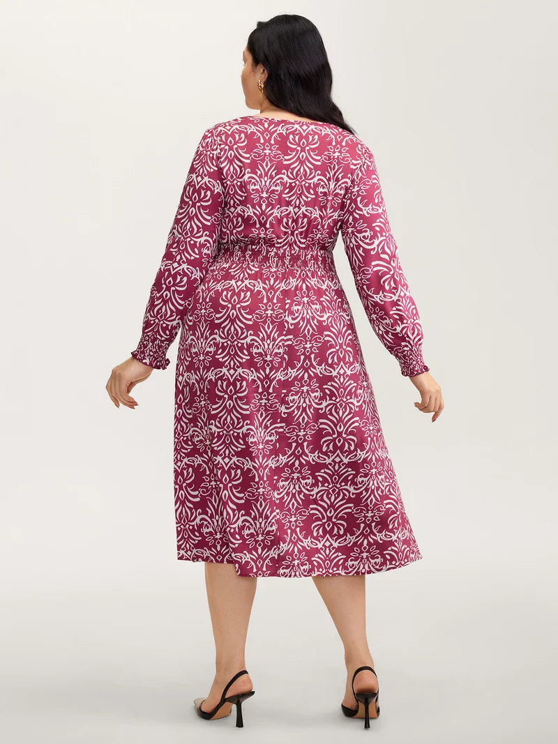 Abstract Pattern Shirred Waist Midi Dress