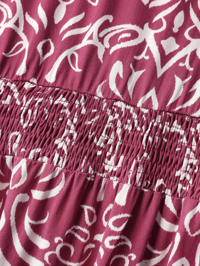 Abstract Pattern Shirred Waist Midi Dress
