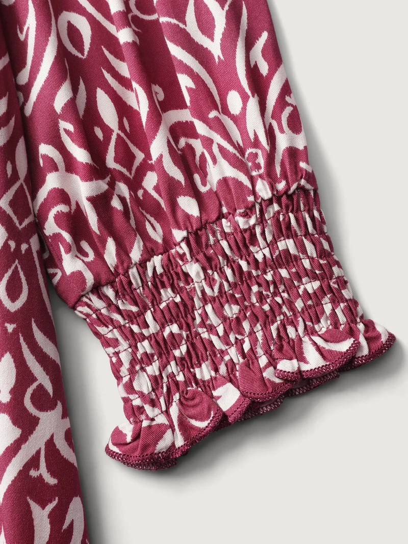 Abstract Pattern Shirred Waist Midi Dress