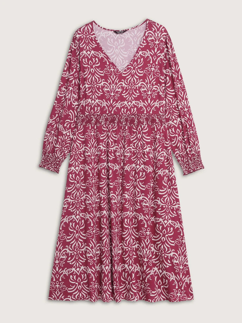 Abstract Pattern Shirred Waist Midi Dress