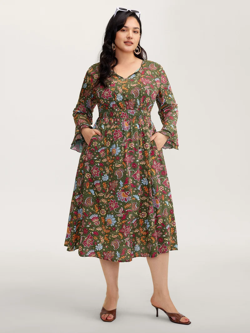 Floral Print Pleated Waist Maxi Dress
