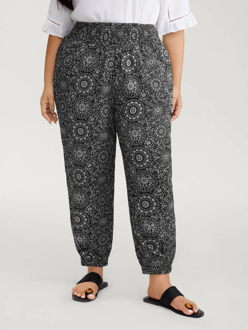 Geometric Print Shirred Waistband Pants