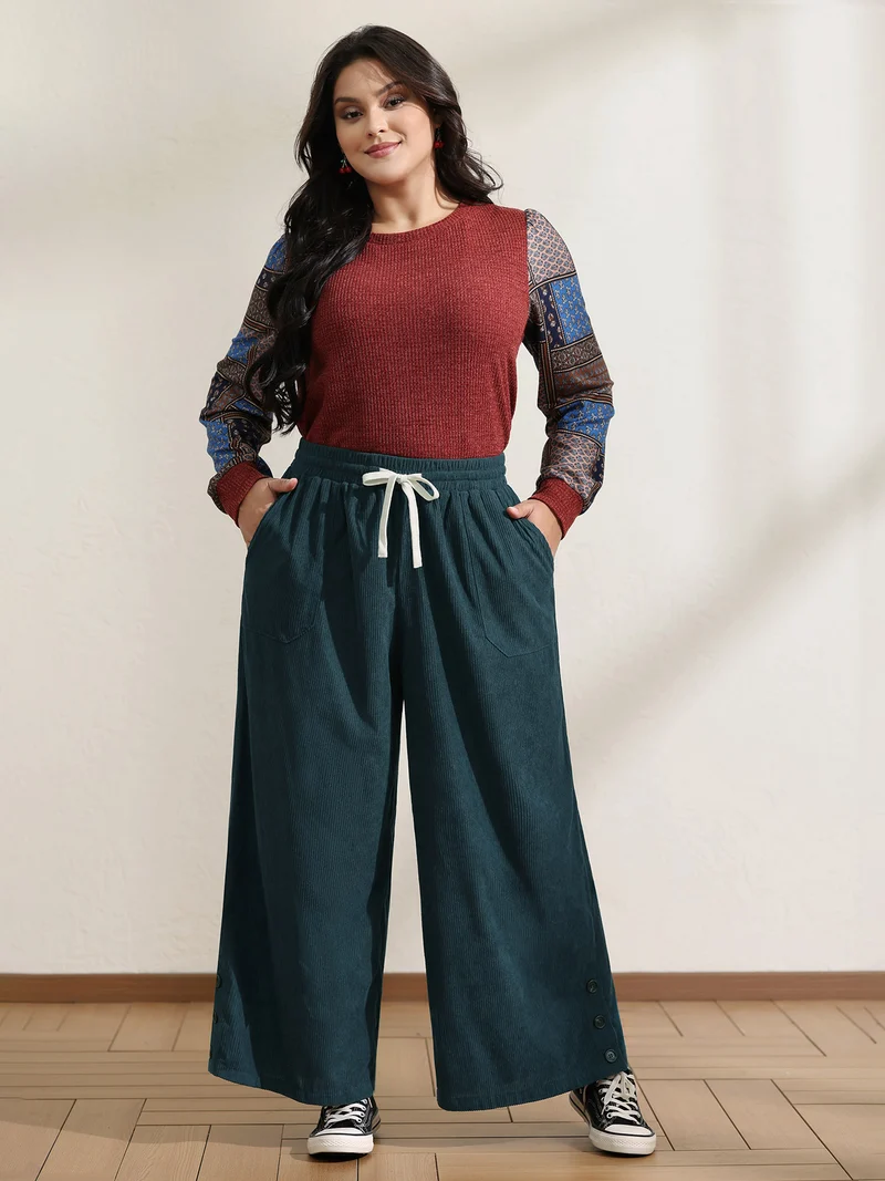 Textured Slit Drawstring Wide-Leg Pants