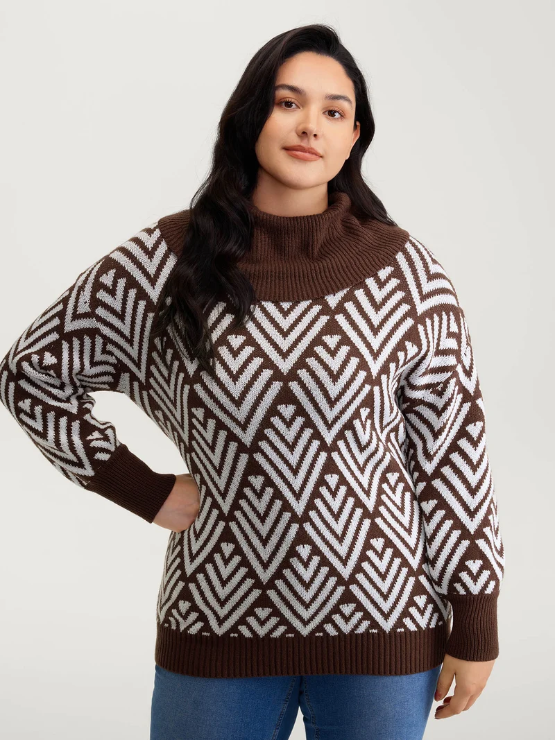 Cowl Neckline Geometric Print Pullover