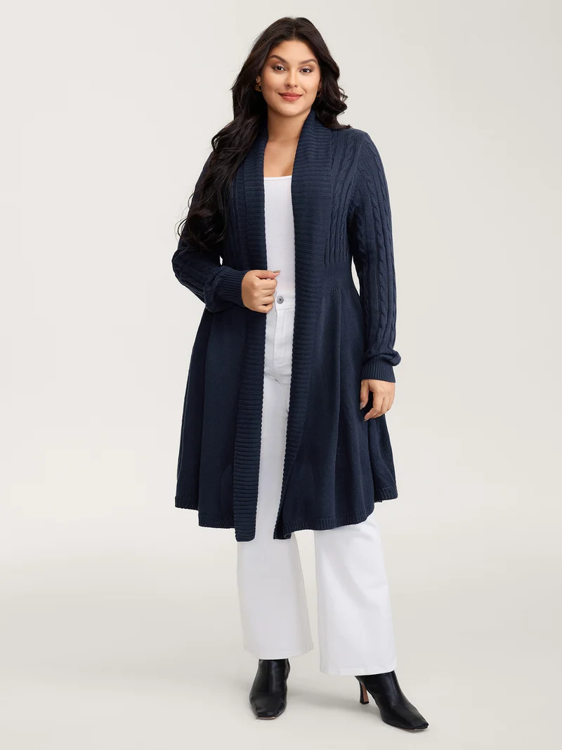 Cable Knit Cinched-Flared Waist Knit Cardigan
