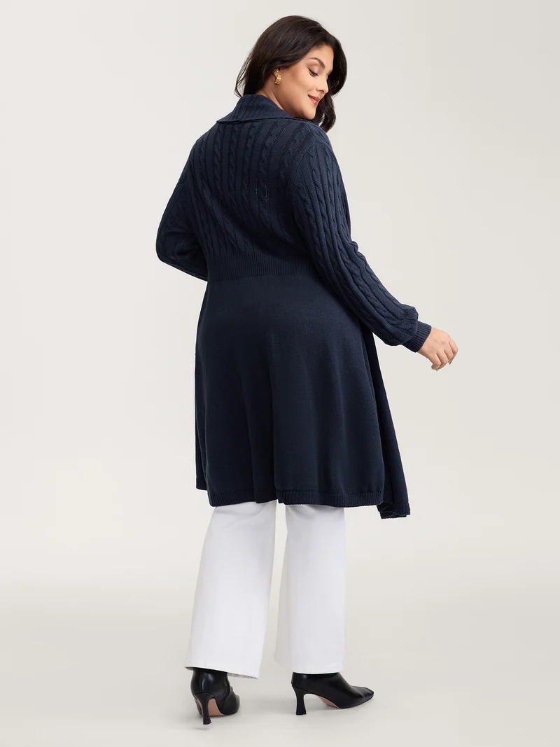 Cable Knit Cinched-Flared Waist Knit Cardigan