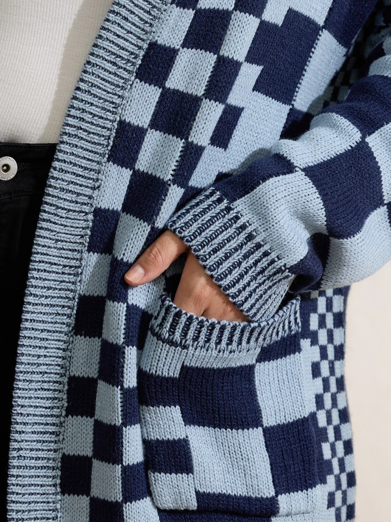 Checkered Relaxed-Fit Drop Shoulder Cardigan