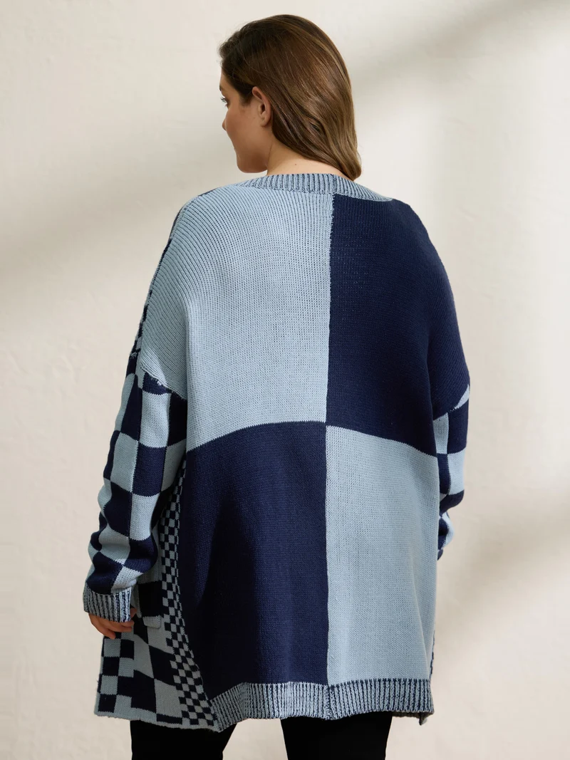Checkered Relaxed-Fit Drop Shoulder Cardigan