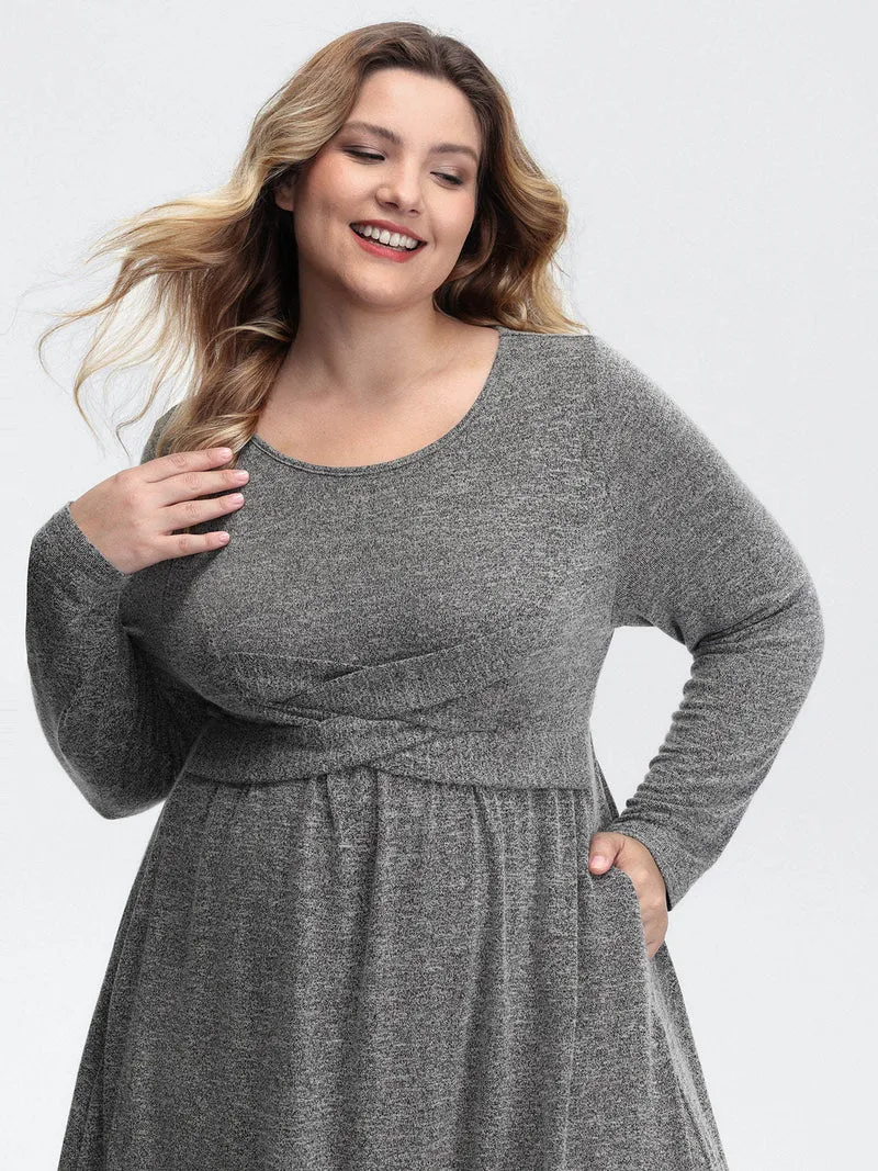 Crossover Waist-Defining Round Neck Midi Dress