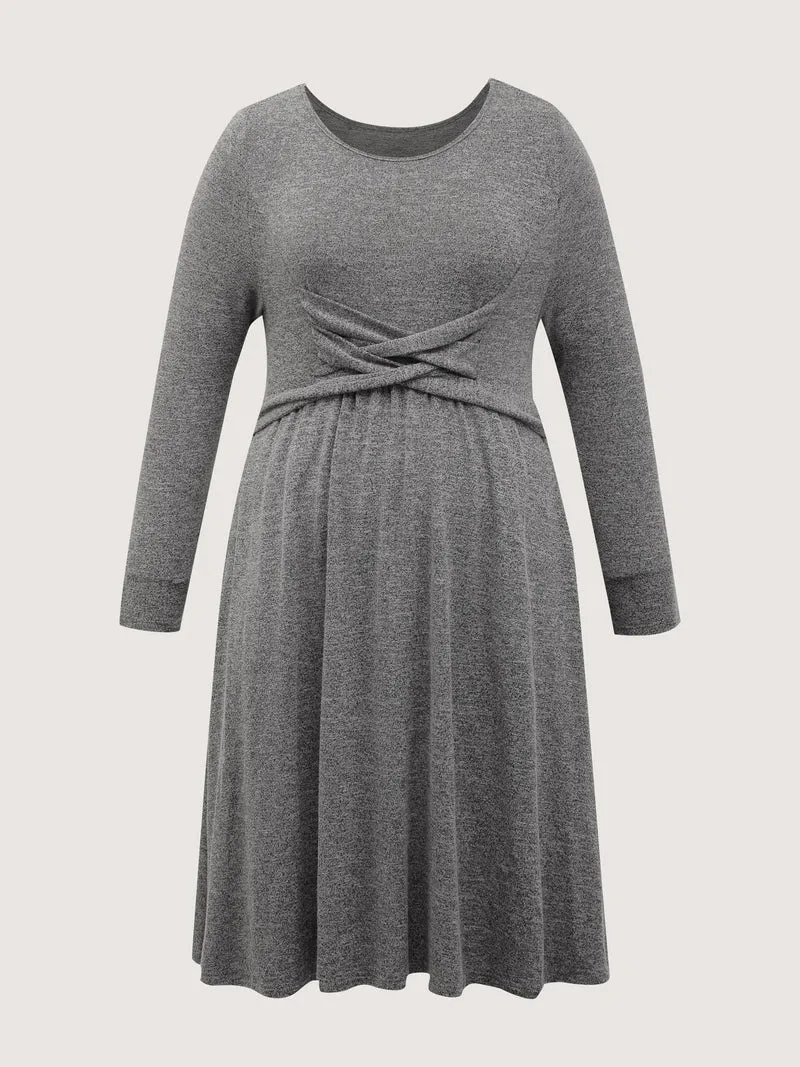 Crossover Waist-Defining Round Neck Midi Dress