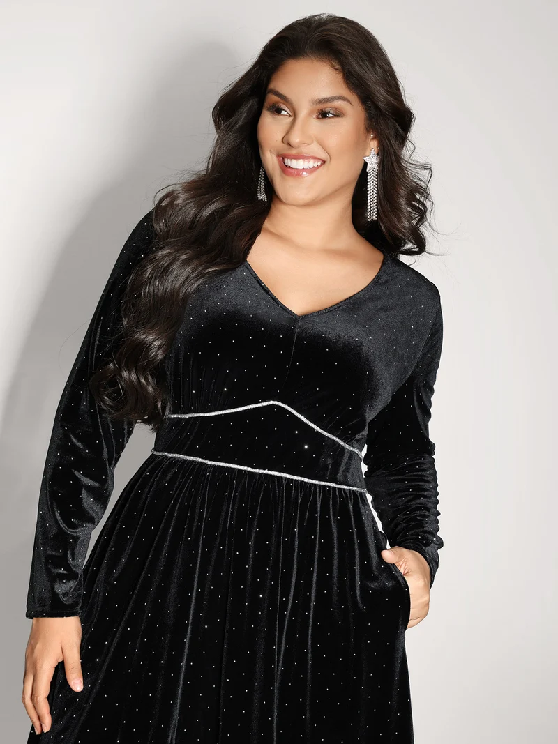 Velvet Rhinestone Cinched-Waist Pockets Midi Dress