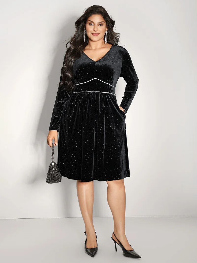 Velvet Rhinestone Cinched-Waist Pockets Midi Dress